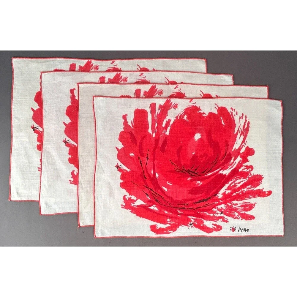 Vintage Vera Neumann Large Red Flower Linen Placemat Set of 4